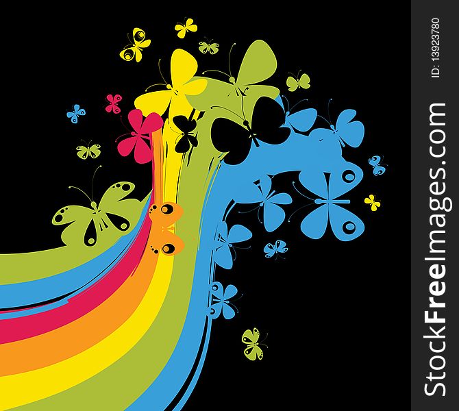 Abstract illustration of rainbow with butterflies