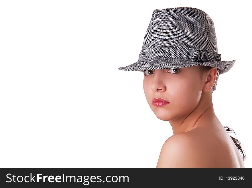 Close up portrait of a beautiful woman with hat, on a white background with copy space.