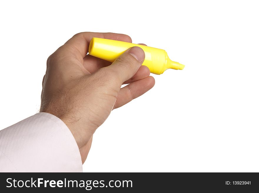 Man holding a yellow marker pen in his hand. Man holding a yellow marker pen in his hand