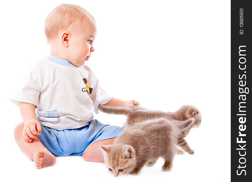 Baby with kitten. Isolated on white background. Baby with kitten. Isolated on white background