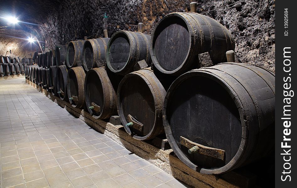 Barrel with wine in cellar