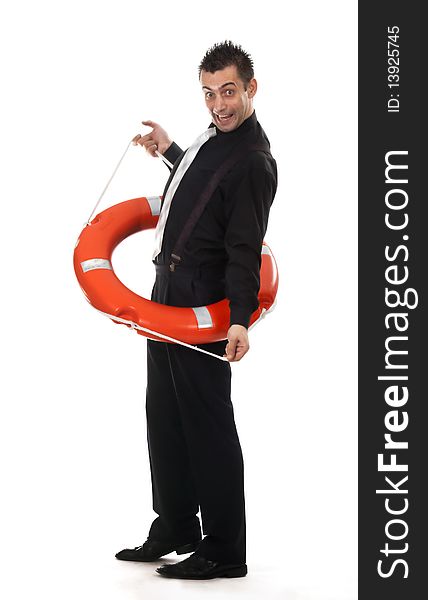 Funny businessman inside lifebuoy