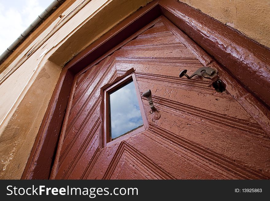 Wide angle view of old door