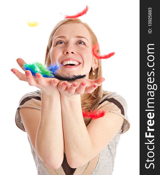 Blond woman with feathers. Isolated on white background