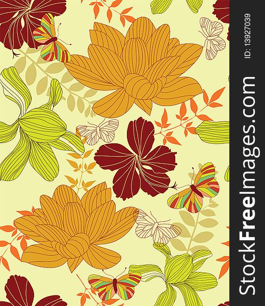 Seamless background with flowers, leaves and butterflies. Ready to use as swatch. Seamless background with flowers, leaves and butterflies. Ready to use as swatch.