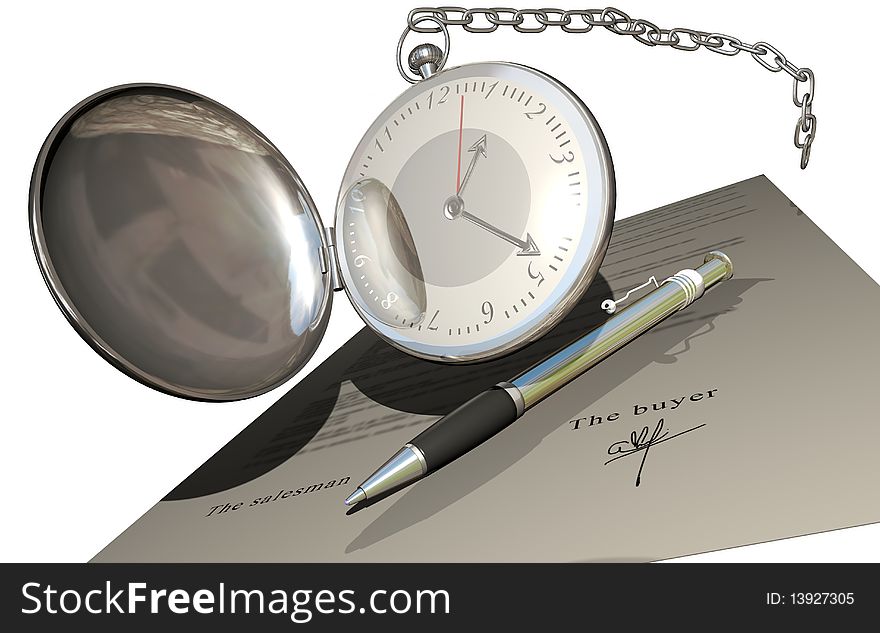 A watch over a sale contract and a pen. The buyer signed the contract, but the salesman is late and can lose the opportunity. A watch over a sale contract and a pen. The buyer signed the contract, but the salesman is late and can lose the opportunity.