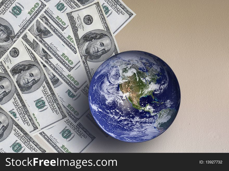 Earth planet in front of banknote. Earth planet in front of banknote
