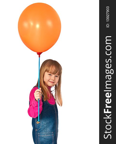 Little girl holds balloon in hand isolated on white