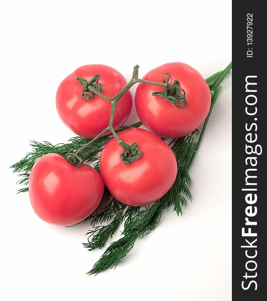 Ripe red tomatoes with dill on a white background. Ripe red tomatoes with dill on a white background