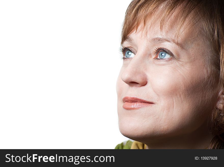 Portrait of a blue-eyed woman isolated on a white background