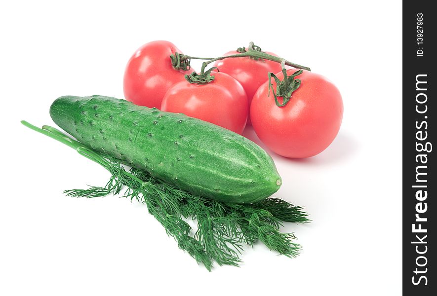 Ripe red tomatoes with dill and cucumber on a white background. Ripe red tomatoes with dill and cucumber on a white background
