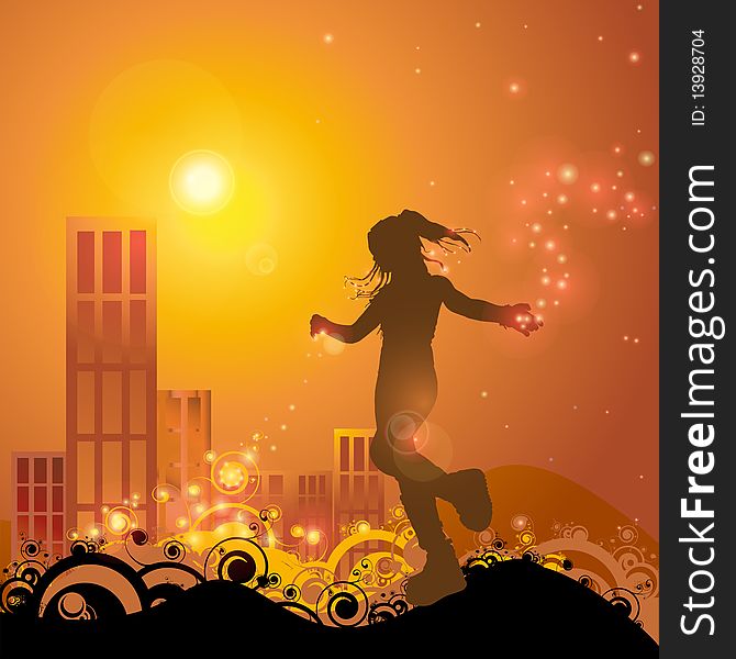 Illustration of a girl playing with lights in sunset. Illustration of a girl playing with lights in sunset