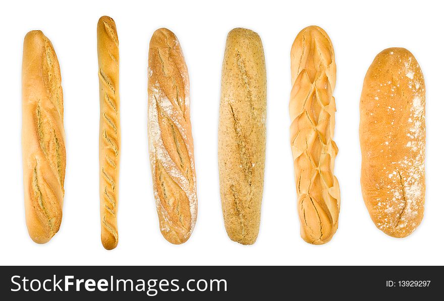 Group baguettes isolated on white