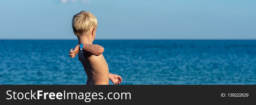 Wide view image of blonde toddler boy throwing stone into a beautiful blue sea. Wide view image of blonde toddler boy throwing stone into a beautiful blue sea