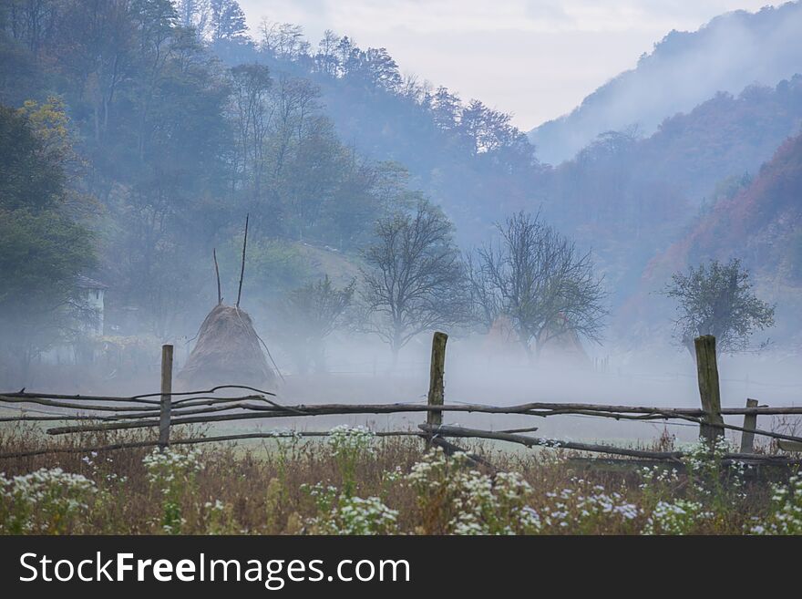 Misty Autumn Scenery In Remote Rural Area In The Mountains In Europe