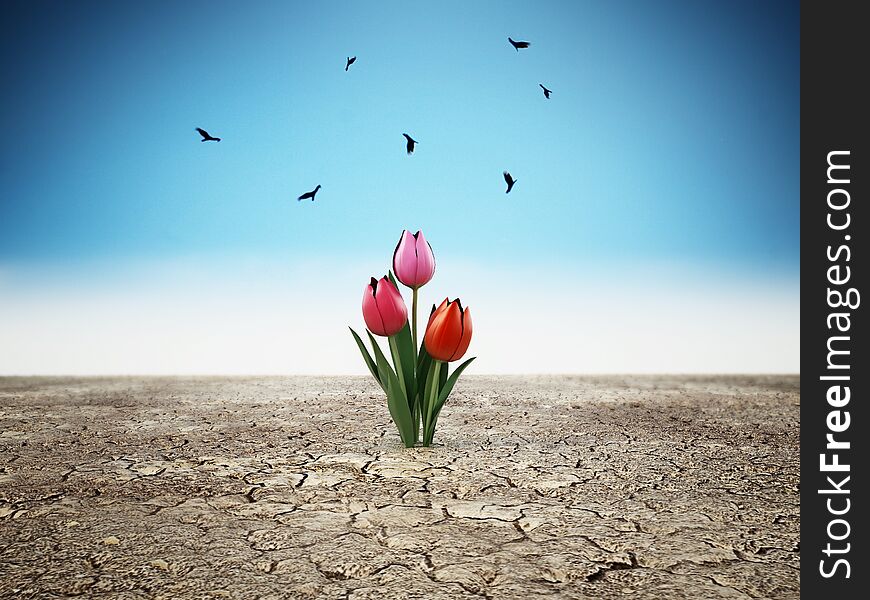 Lonely flower standing on cracked soil. 3D illustration.