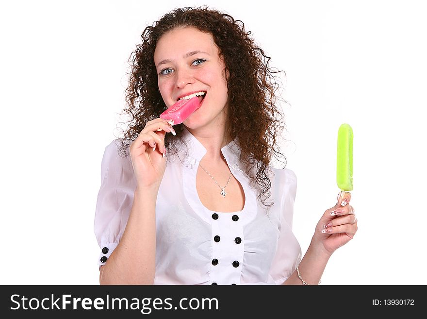 Sweet woman with icecream on white background. Sweet woman with icecream on white background