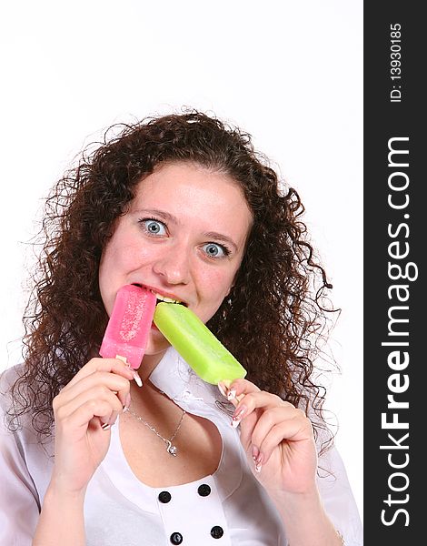 Sweet woman with icecream on white background. Sweet woman with icecream on white background