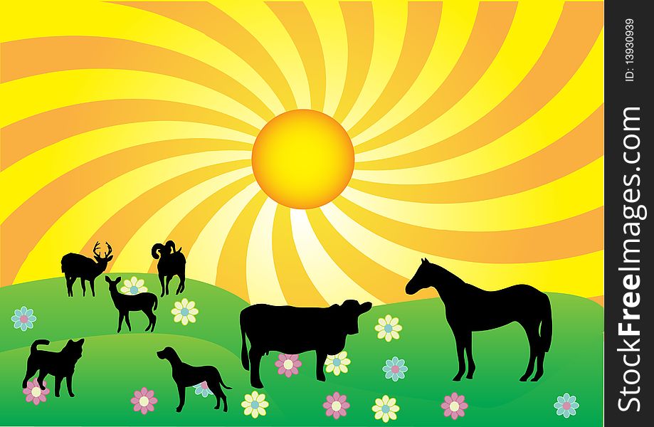 Vector illustration of animals on field. Vector illustration of animals on field