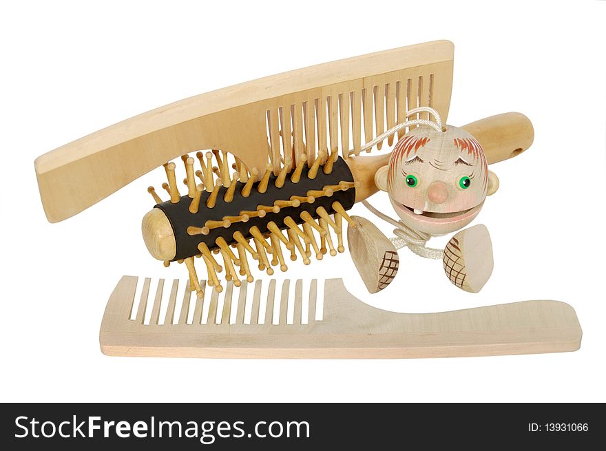 Wooden hairbrushes on a white background