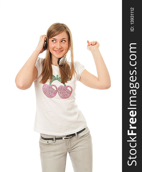 The young beautiful girl with headphones isolated on a white background