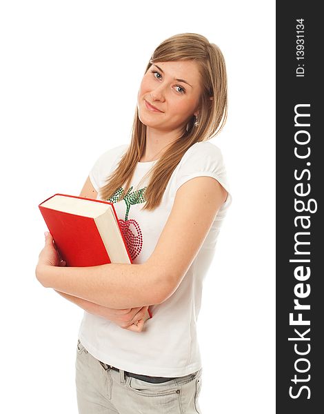 The young beautiful student with the book isolated on a white background