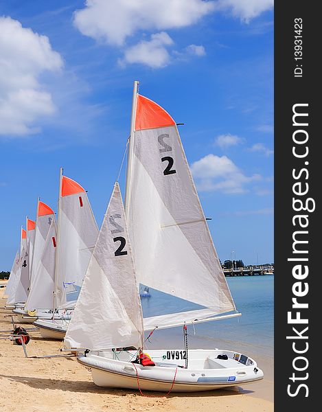 Several boats with sails standing in a row. as a symbol of teamwork in business