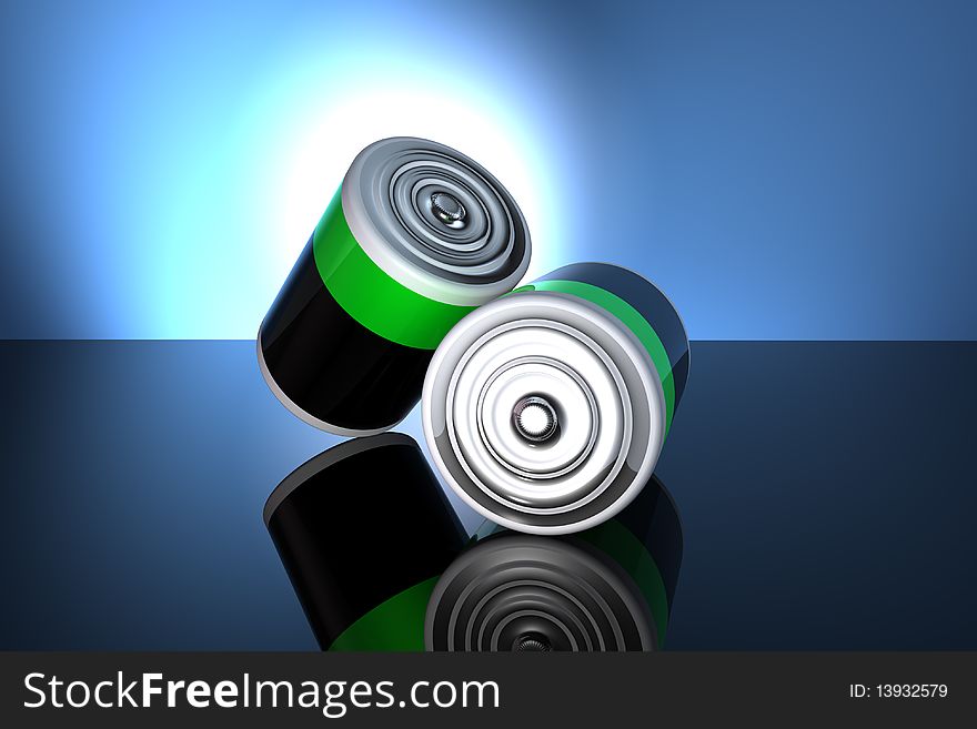 Two battery in 3d with light effect at the background