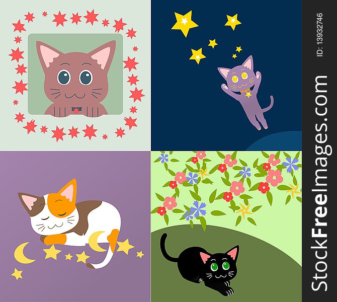 Set of decorative cats - jumping, sleeping, curious. Set of decorative cats - jumping, sleeping, curious