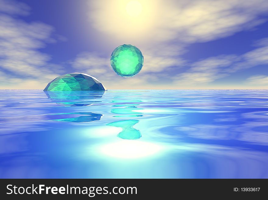 An atmospheric 3D sea and planets landscape . An atmospheric 3D sea and planets landscape .