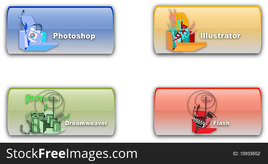 Most used industry standard applications, Photoshop, Illustrator, Flash and Dreamweaver icons. Most used industry standard applications, Photoshop, Illustrator, Flash and Dreamweaver icons