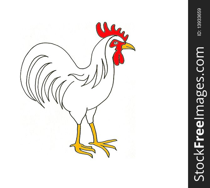 A simple line drawing and colored old white rooster