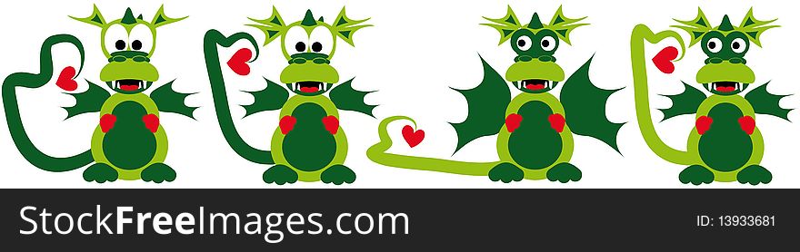 Four funny cartoon love dragons