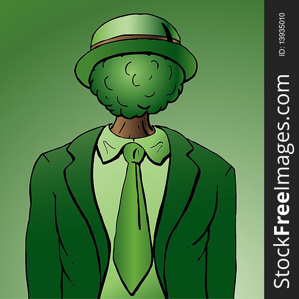 Vector Illustration of a business man with at tree for his face in a green suit and tie wearing a green hat. Vector Illustration of a business man with at tree for his face in a green suit and tie wearing a green hat.