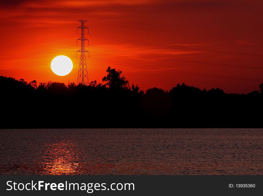 Image of sunset with tree silhouette.