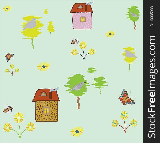 Seamless pattern with house, trees, birds and insects. Seamless pattern with house, trees, birds and insects