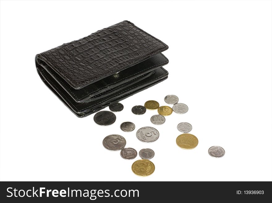 Black crocodile leather wallet with coins. Black crocodile leather wallet with coins