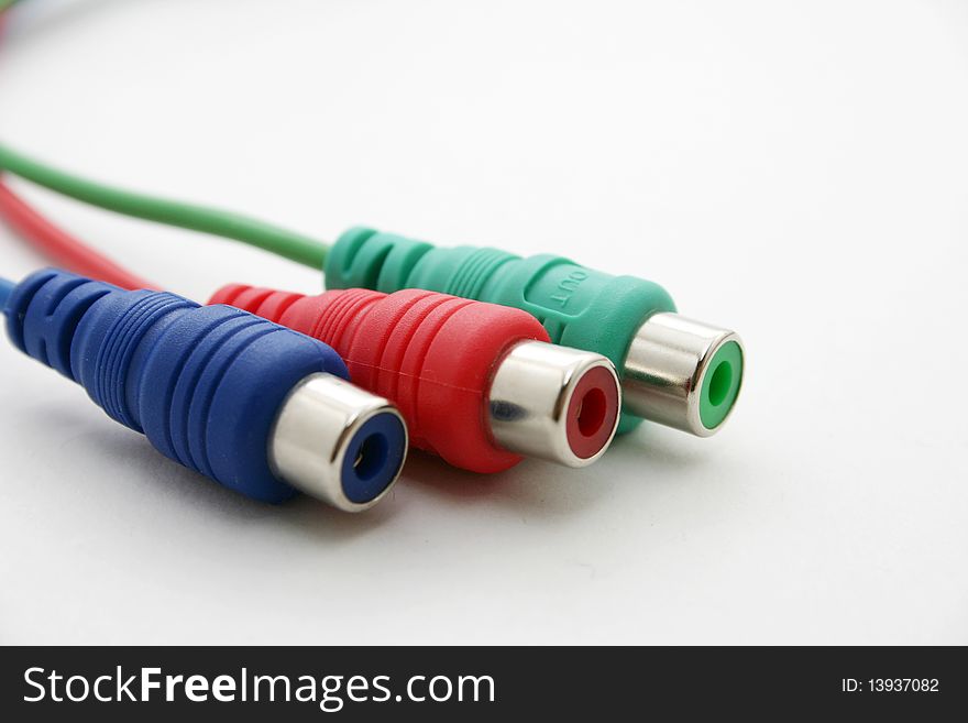 Three component video cable 3 jack close up. Three component video cable 3 jack close up