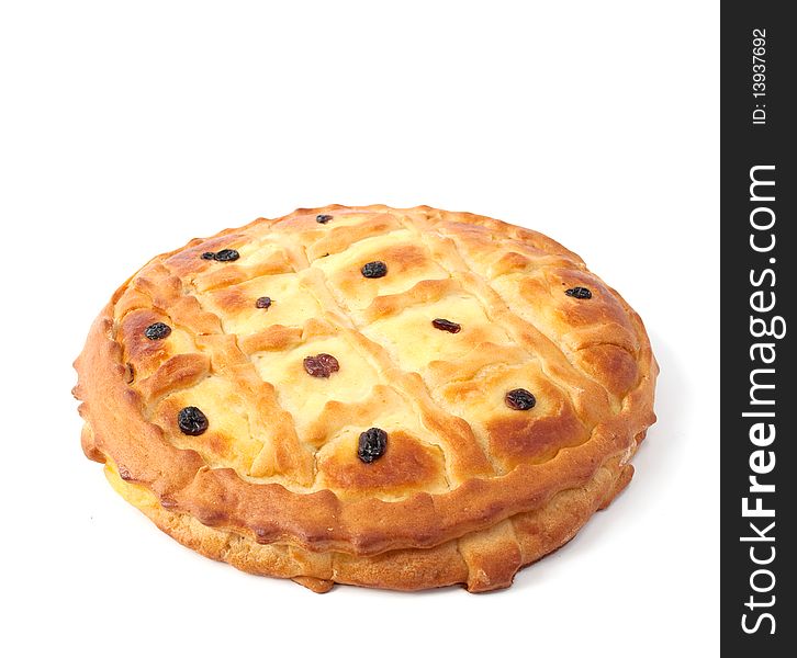 Pie with raisin on a white background