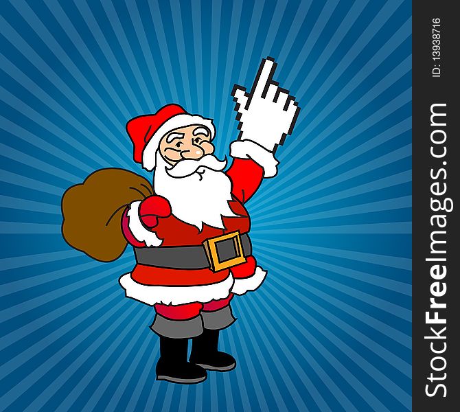 Santa claus cartoon illustration with web cursor as hand related to web gifts. Santa claus cartoon illustration with web cursor as hand related to web gifts