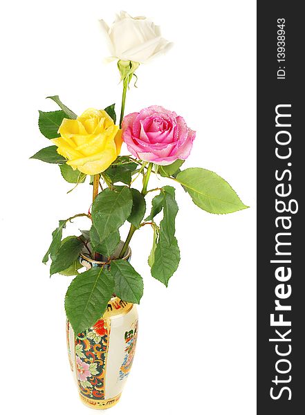 Nice big fresh three pink, creamy and yellow redresses in china ceramic vase isolated a white background. Nice big fresh three pink, creamy and yellow redresses in china ceramic vase isolated a white background.