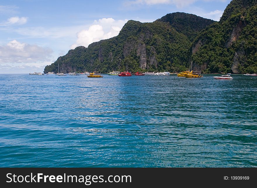 Some divers boats on Andaman sea Phi Phi island. Thailand. Some divers boats on Andaman sea Phi Phi island. Thailand.