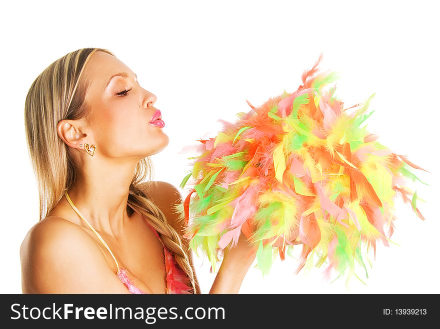 Pretty Girl Blowing On Colorful Feathers