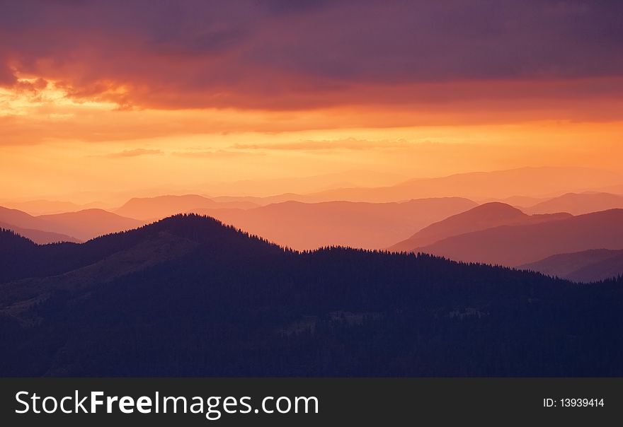 Dawn in mountains Carpathians, Ukraine. Autumn morning