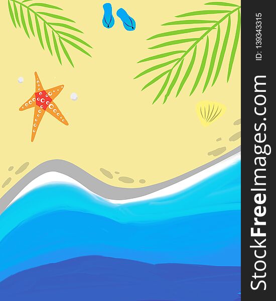 Top view of Beach with Starfish, Palm leaves and Sandals.