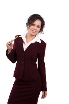 Brunette Businesswoman Dressed In Red Suit. Stock Images