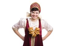 Woman In Russian Costume With Bread-ring Royalty Free Stock Photo