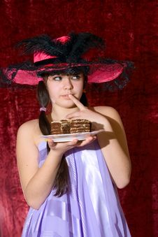 Lovely Girl In Dress And Hat With Cake Stock Photography Lovely Girl In Dress And Hat With Cake Stock Photography