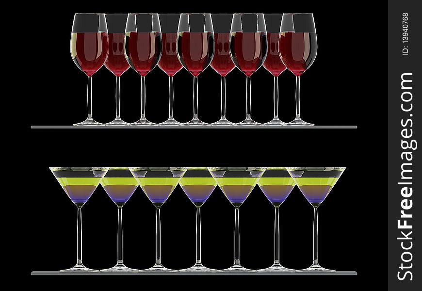 Red Wine and Martini glasses on the shelf isolated