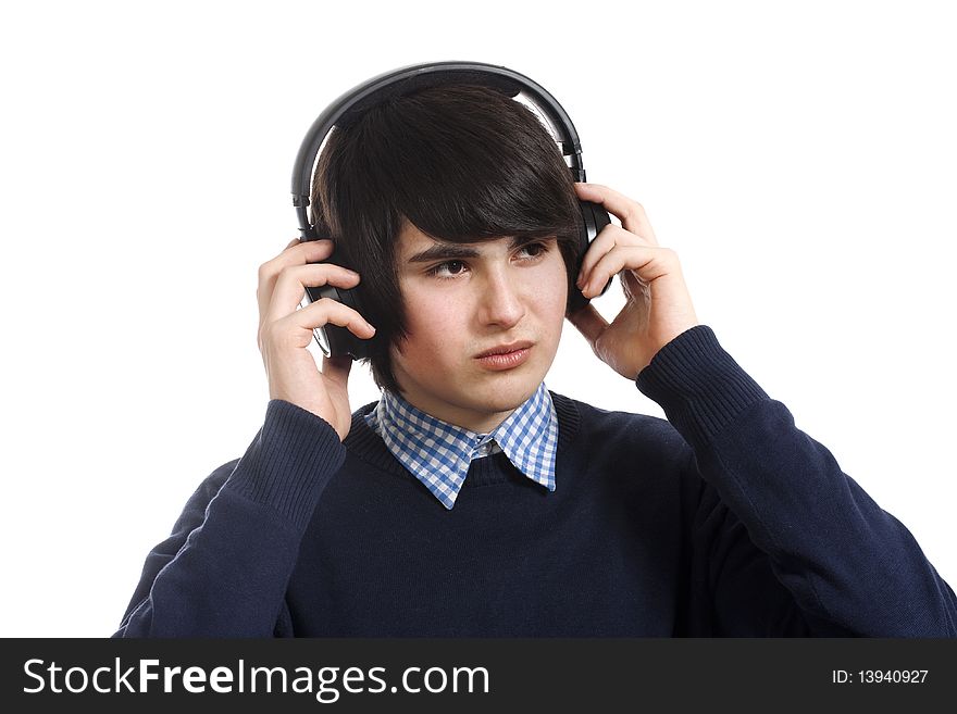 Boy with headphones isolated on white
